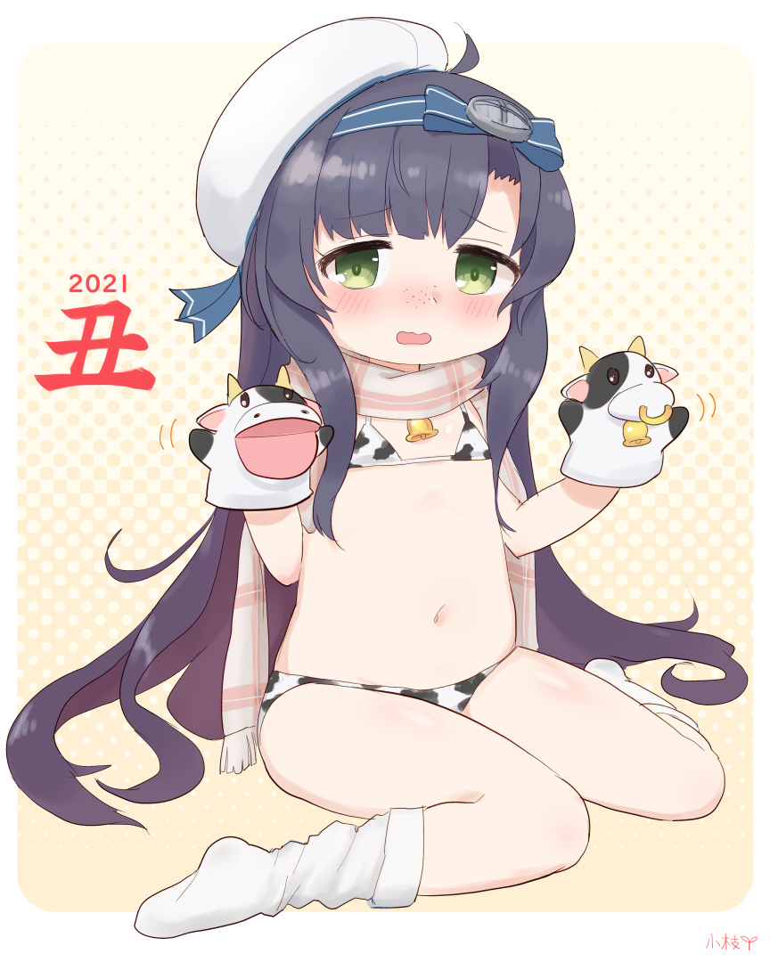 1girl 2021 animal_print bangs bell bikini blush chinese_zodiac cow cow_print flat_chest freckles gradient_hair green_eyes hairband hand_puppet hat kantai_collection kneehighs koeda_(koeda1kg) long_hair matsuwa_(kantai_collection) micro_bikini multicolored_hair open_mouth plaid plaid_scarf puppet purple_hair scarf signature sitting solo swimsuit wavy_hair white_headwear white_legwear year_of_the_ox