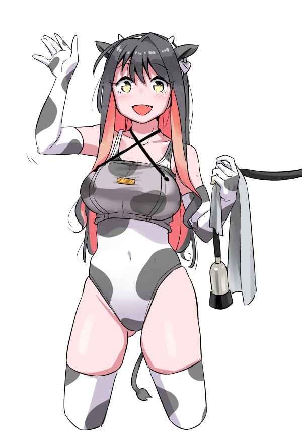 1girl animal_ears animal_print black_hair breast_pump commentary_request cow_ears cow_horns cow_print cow_tail cropped_legs elbow_gloves fake_animal_ears fake_horns fang gloves horns kantai_collection long_hair looking_at_viewer milking_machine multicolored_hair naganami_(kantai_collection) one-piece_swimsuit pink_hair smile solo standing swimsuit tail tamu_(mad_works) thighhighs waving white_gloves white_legwear