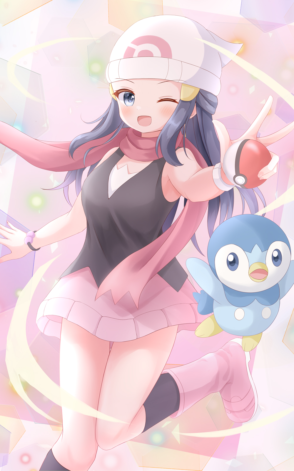 1girl ;d beanie black_hair black_legwear black_shirt blush boots bracelet commentary_request dawn_(pokemon) eyelashes floating_scarf grey_eyes hair_ornament hairclip hand_up hat highres holding holding_poke_ball jewelry leg_up long_hair one_eye_closed open_mouth pink_footwear pink_skirt piplup poke_ball poke_ball_(basic) pokemon pokemon_(creature) pokemon_(game) pokemon_dppt red_scarf scarf shirt sidelocks skirt sleeveless sleeveless_shirt smile socks tongue tsudatchi white_headwear
