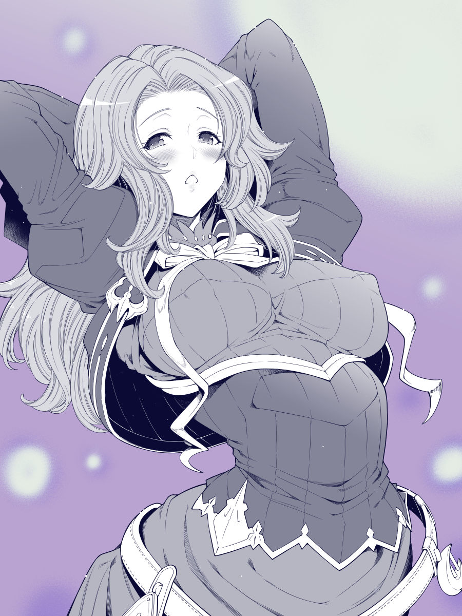 1girl aaoyama arched_back arms_behind_head belt blush bow breasts covered_nipples dress florence_(granblue_fantasy) granblue_fantasy greyscale highres large_breasts long_hair monochrome