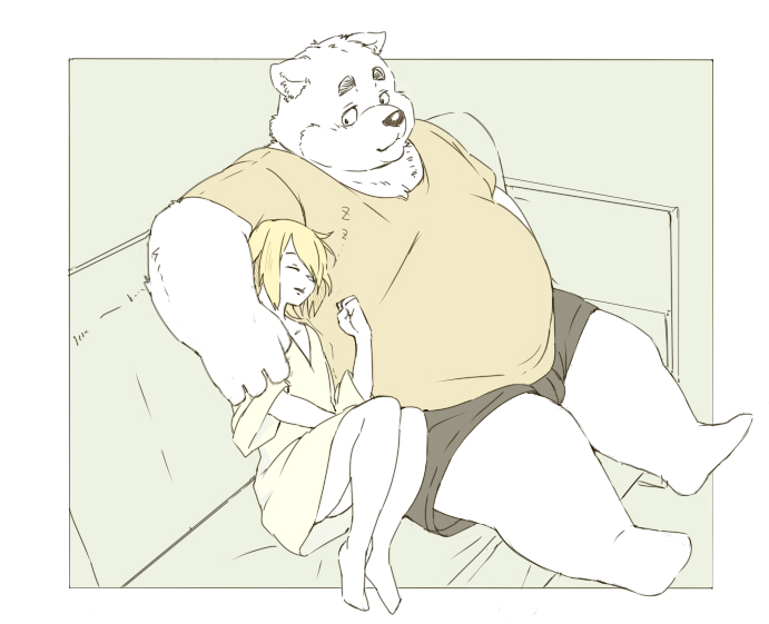 2021 anthro belly bottomwear clothing duo eyes_closed hug humanoid_hands inunoshippo kemono male mammal overweight overweight_male shirt shorts sitting topwear ursid