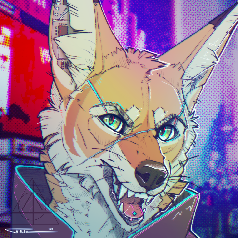 anthro canid canine canis clothed clothing cyberpunk cyberpunk_2077 fangs fennec fox fur killingtea male mammal mouth_shot open_mouth simple_background solo teeth ti-killa tongue tongue_out video_games