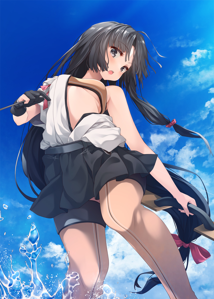 1girl bandeau black_eyes black_hair black_hakama blush bow_(weapon) breasts cloud day eyebrows_visible_through_hair hakama hakama_skirt highres holding holding_bow_(weapon) holding_weapon japanese_clothes kantai_collection kimono long_hair low-tied_long_hair medium_breasts mofu_namako open_mouth shouhou_(kantai_collection) solo very_long_hair water weapon white_kimono yumi_(bow)