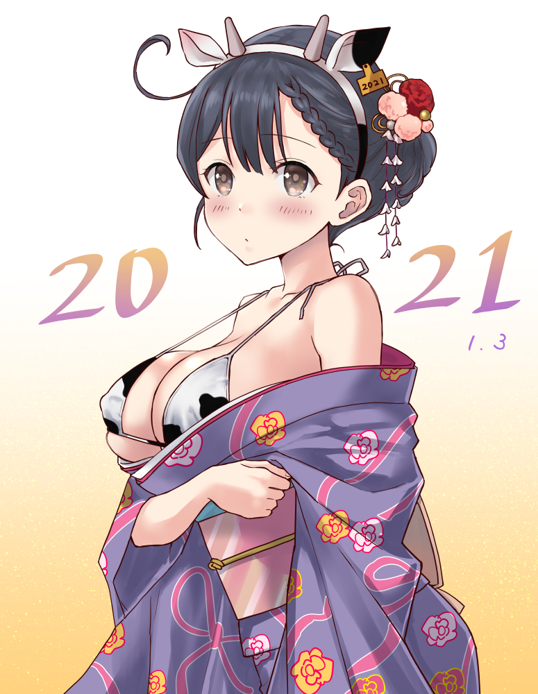 1girl 2021 ahoge animal_ears animal_print bangs bikini blue_hair blush breasts brown_eyes chinese_zodiac cow_ears cow_print ear_tag eyebrows_visible_through_hair fake_animal_ears fake_horns floral_print gradient gradient_background hair_bun hair_ornament hair_up horns japanese_clothes kantai_collection kimono large_breasts new_year obi open_clothes open_kimono sash simple_background solo swimsuit u0709 upper_body ushio_(kantai_collection) wide_sleeves year_of_the_ox