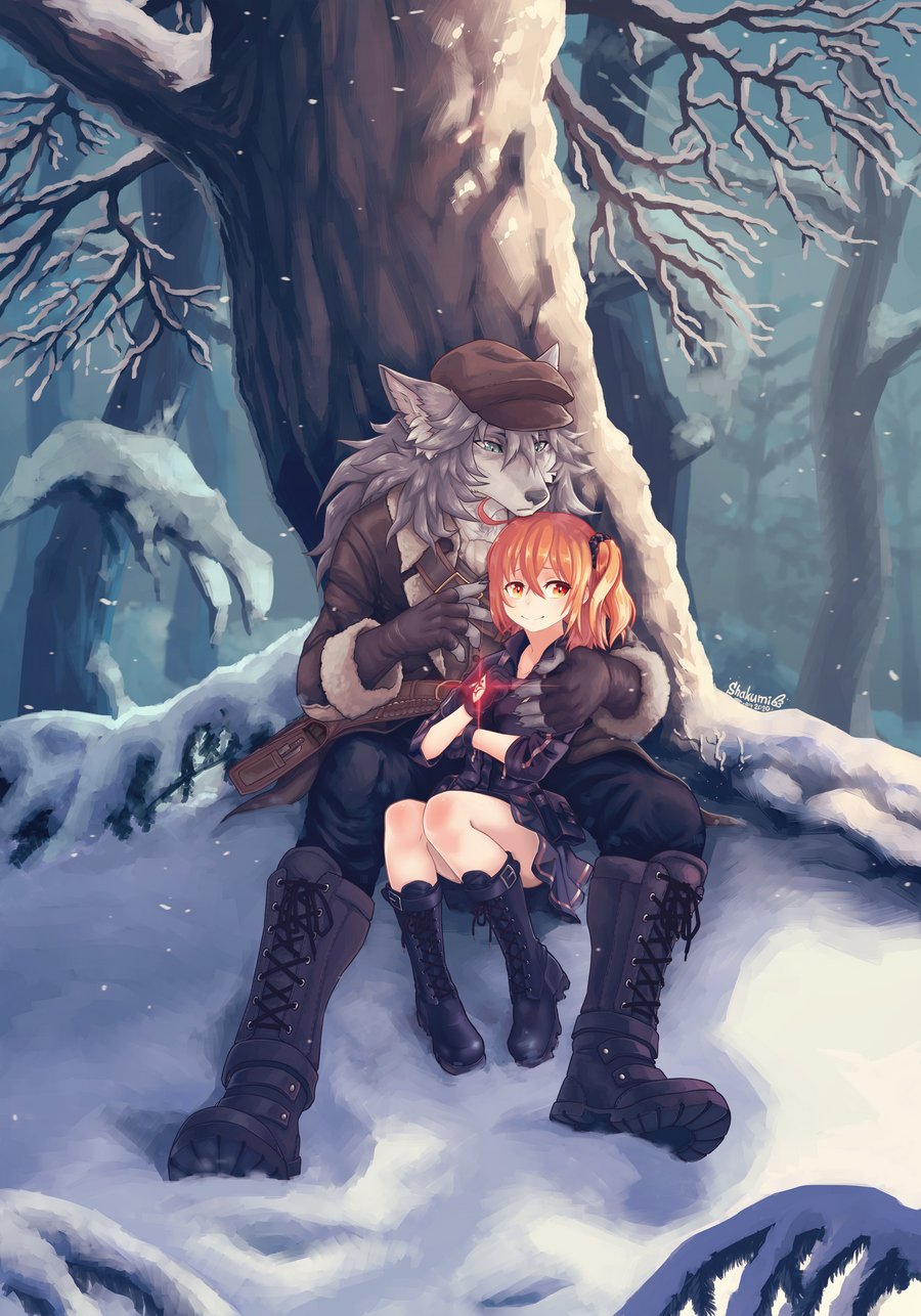 2020 against_tree anthro belt boots bottomwear canid canine canis clothed clothing coat command_spell digital_media_(artwork) duo embrace fate_(series) female fingerless_gloves footwear fur gloves grey_body grey_fur hair handwear hat headgear headwear hi_res human jacket looking_aside looking_at_another looking_down male male/female mammal on_ground pants patxi plant red_hair ritsuka_fujimaru shakumi sitting skirt smile snow snowing topwear tree winter wolf