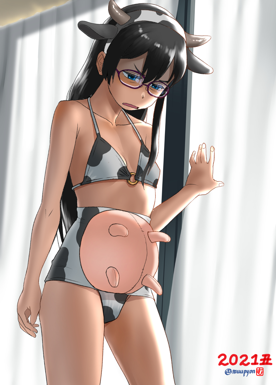 1girl 2021 alternate_costume animal_ears animal_print bangs bikini black_hair blue_eyes breasts chinese_zodiac cow_ears cow_horns cow_print curtains disgust fake_horns glasses hair_between_eyes highres horns kantai_collection long_hair mu-pyon new_year ooyodo_(kantai_collection) open_mouth shaded_face small_breasts solo swimsuit twitter_username udder window year_of_the_ox