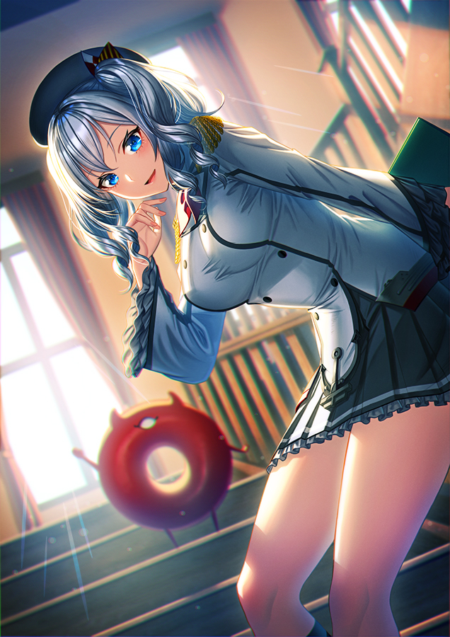 1girl 1other arm_up beret blue_eyes breasts commentary_request enemy_lifebuoy_(kantai_collection) epaulettes frilled_sleeves frills hat indoors jacket kantai_collection kashima_(kantai_collection) large_breasts long_sleeves looking_at_viewer miniskirt pleated_skirt silver_hair sitting skirt smile solo twintails uniform unowen wavy_hair window