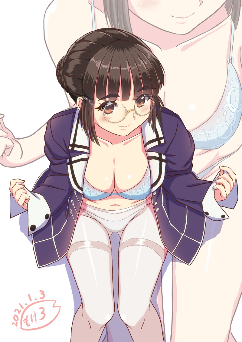 1girl artist_logo bespectacled blue_bra bra braid braided_bun breasts brown_eyes brown_hair cleavage collarbone dated from_above glasses hair_bun jacket kantai_collection large_breasts long_hair long_sleeves looking_at_viewer military_jacket moke_ro myoukou_(kantai_collection) open_clothes open_jacket panties panties_under_pantyhose pantyhose purple_jacket remodel_(kantai_collection) round_eyewear smile solo thick_eyebrows thighband_pantyhose underwear white_legwear zoom_layer