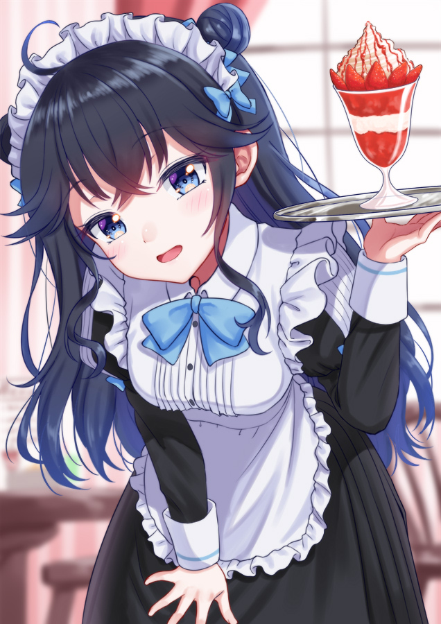 1girl ahoge alternate_costume apron bangs black_hair blue_bow blue_eyes blue_neckwear blush bow bowtie collared_dress commentary_request cowboy_shot crossed_bangs dot_nose double_bun dress enmaided eyebrows_visible_through_hair frilled_apron frills hair_bow hand_on_thigh hand_up holding holding_tray izumo_kasumi_(nijisanji) juliet_sleeves leaning_forward long_hair long_sleeves looking_at_viewer maid maid_apron maid_cafe maid_headdress mizunashi_hayate nijisanji open_mouth parfait puffy_sleeves sleeve_cuffs smile solo tray virtual_youtuber waist_apron white_apron