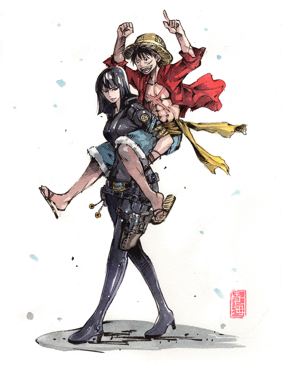1boy 1girl abs barefoot_sandals black_eyes black_hair boots breasts carrying denim denim_shorts english_commentary hat high_heel_boots high_heels highres looking_ahead looking_to_the_side medium_breasts medium_hair monkey_d_luffy mycks nico_robin one_piece piggyback pointing pointing_up red_shirt scar shirt shorts smile straw_hat traditional_media watercolor_(medium)