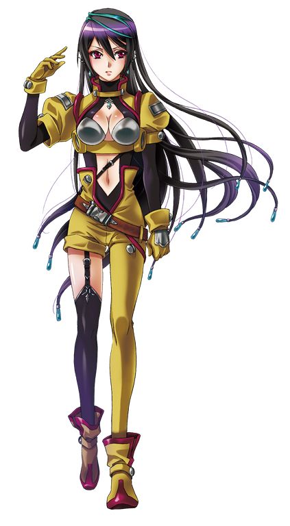 1girl black_hair blue_hair breasts cleavage clenched_hand full_body gloves kouno_sachiko long_hair looking_at_viewer midriff_cutout multicolored_hair navel official_art pilot_suit red_eyes shizuki_shizukawa single_thighhigh solo streaked_hair super_robot_wars super_robot_wars_x-omega thighhighs v-shaped_eyebrows very_long_hair yellow_gloves