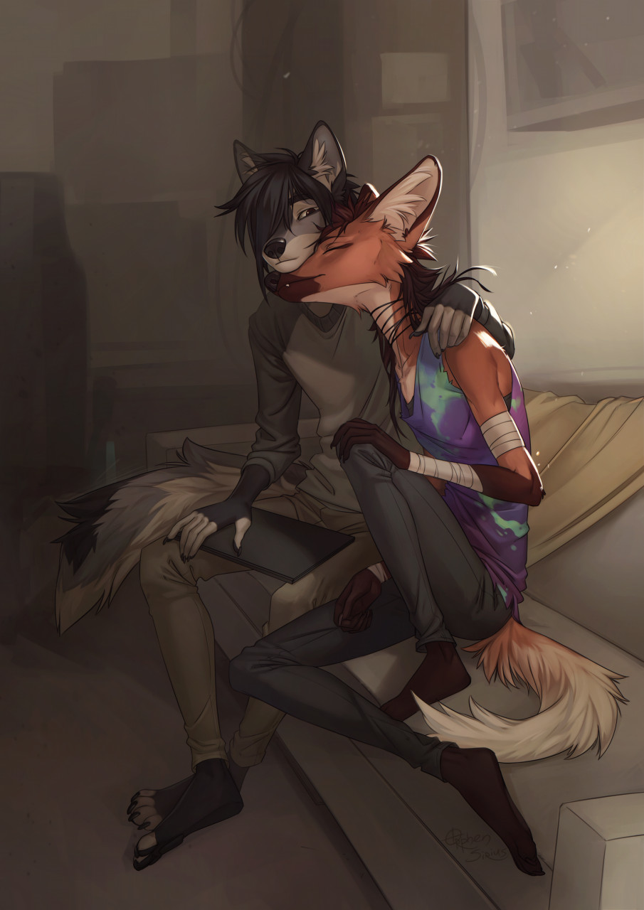 2021 anthro bandage bottomwear clothing duo eyes_closed fur furniture hair hair_over_eye hi_res inside male mammal one_eye_obstructed orphen-sirius pants shirt sitting sofa tank_top topwear underpaw