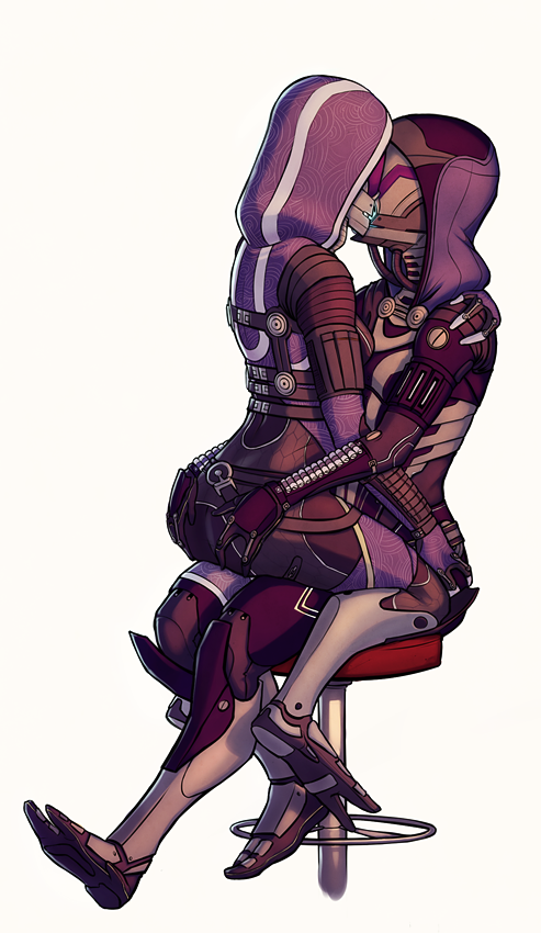 2girls alien ass beige_background breasts commission english_commentary helmet hood kiss mass_effect mass_effect_2 medium_breasts multiple_girls q-thorn quarian selfcest sitting sitting_on_person tali'zorah wire yuri