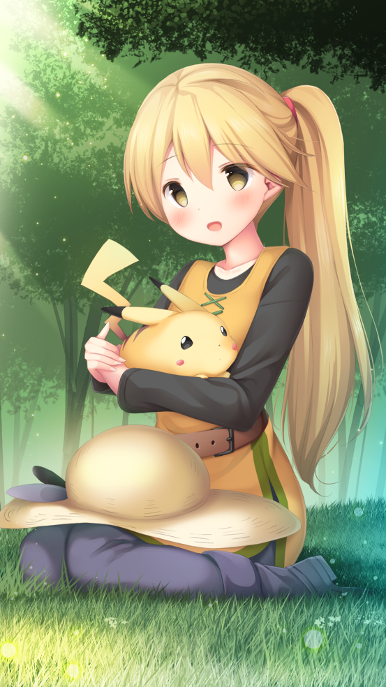 1girl bangs belt blonde_hair blush boots commentary_request day eyebrows_visible_through_hair forest gen_1_pokemon grass hair_between_eyes hair_tie hat hat_removed headwear_removed holding holding_pokemon light_beam long_hair long_sleeves murano nature open_mouth outdoors pikachu pokemon pokemon_(creature) pokemon_adventures ponytail sitting tied_hair tree yellow_(pokemon) yellow_eyes