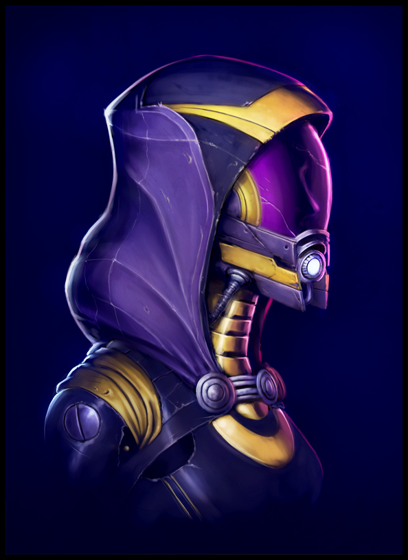 1girl alien breasts from_side glowing helmet hood looking_ahead mass_effect mass_effect_3 medium_breasts portrait purple_background q-thorn quarian solo tali'zorah upper_body visor