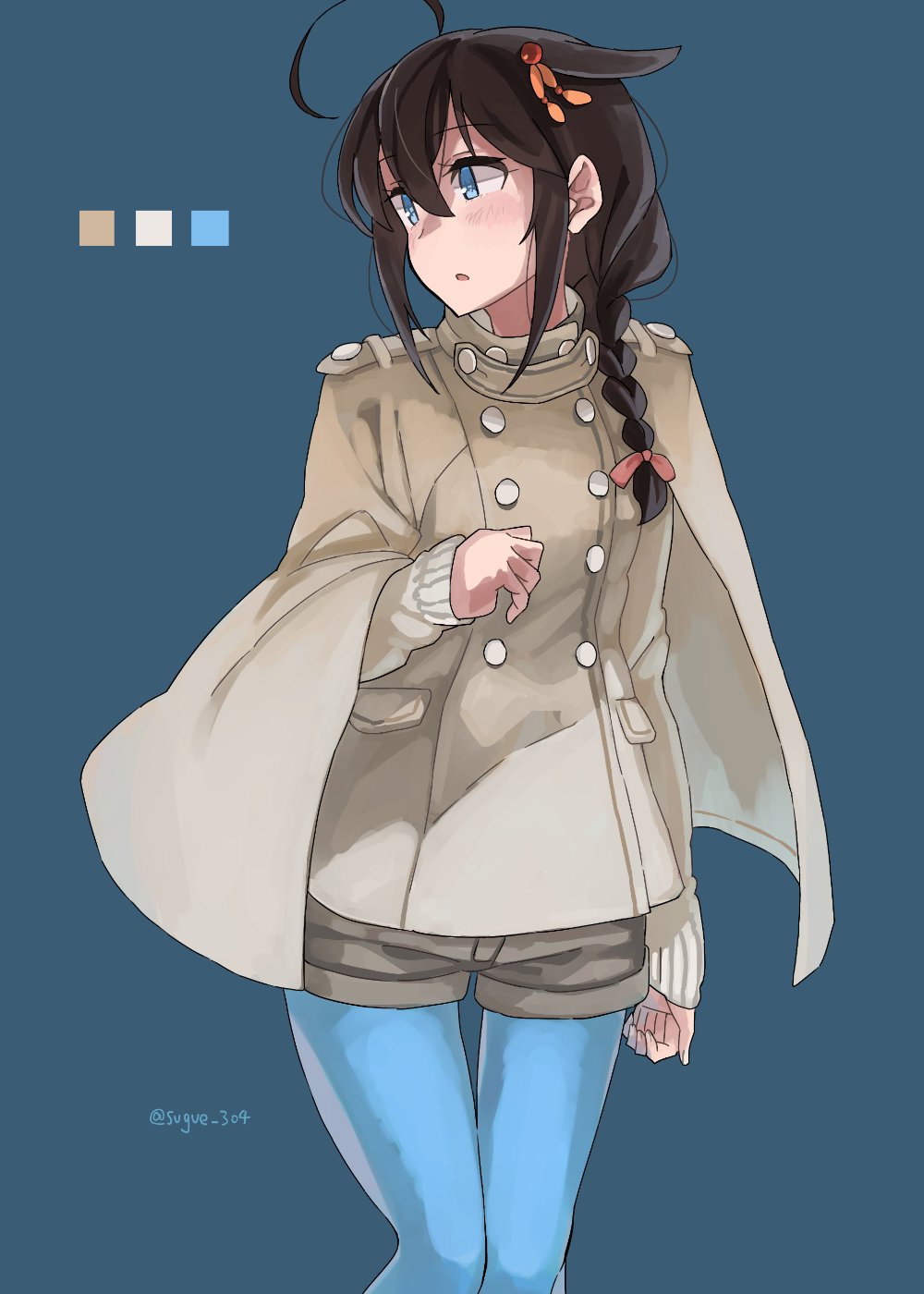 1girl ahoge beige_coat beige_sweater black_hair blue_eyes blue_legwear braid coat color_guide commentary_request cowboy_shot grey_background grey_shorts hair_flaps hair_over_shoulder highres kantai_collection long_hair looking_to_the_side pantyhose remodel_(kantai_collection) shigure_(kantai_collection) shorts single_braid solo sugue_tettou