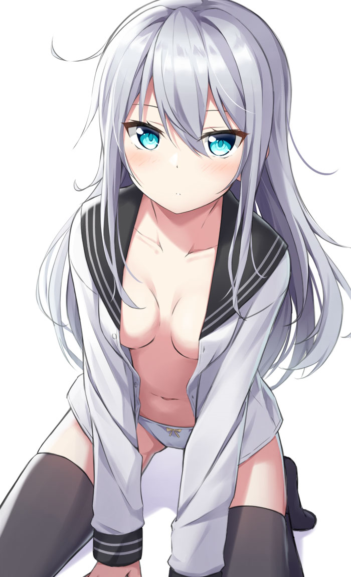 1girl black_legwear black_sailor_collar blue_eyes blush breasts closed_mouth collarbone eyebrows_visible_through_hair hair_between_eyes hibiki_(kantai_collection) kantai_collection kohakope long_hair long_sleeves open_clothes open_shirt panties sailor_collar sailor_shirt shirt silver_hair simple_background small_breasts solo thighhighs underwear verniy_(kantai_collection) white_background white_panties white_shirt