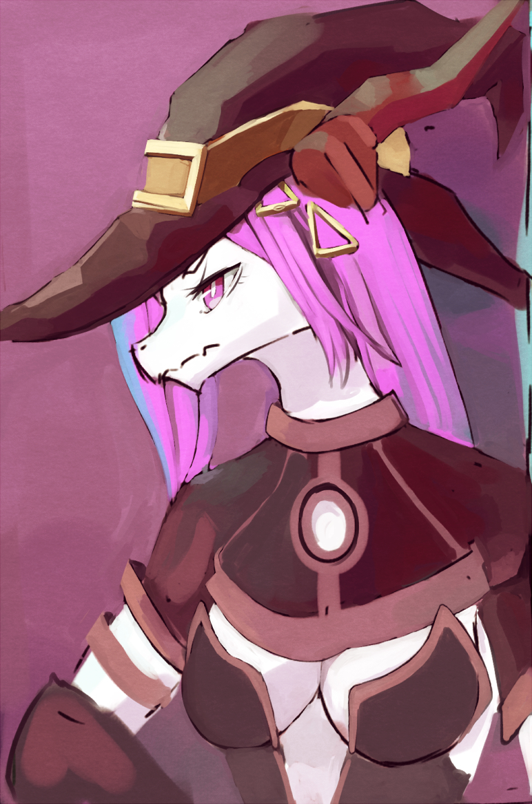 2017 anthro breasts cleavage clothed clothing dragon female hair hat headgear headwear horn kameloh long_hair non-mammal_breasts pink_eyes pink_hair simple_background snout solo