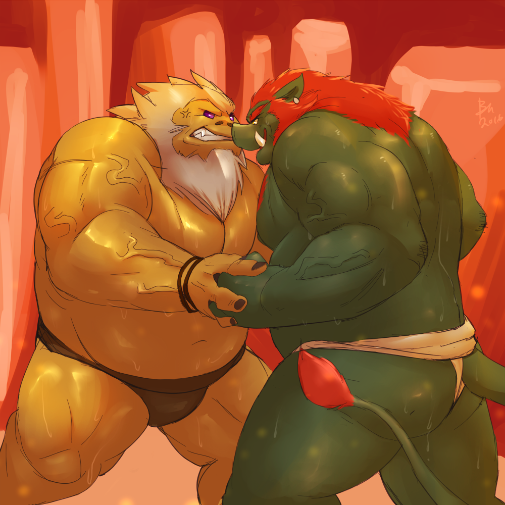 1:1 anthro beard bin_(artist) bodily_fluids body_hair brown_body chest_hair clenched_teeth clothed clothing cross-popping_vein darunia duo facial_hair ganon goron green_body hair male mammal musclegut nintendo red_hair suid suina sumo_wrestling sus_(pig) sweat tail_tuft teeth the_legend_of_zelda topless tuft tusks vein video_games