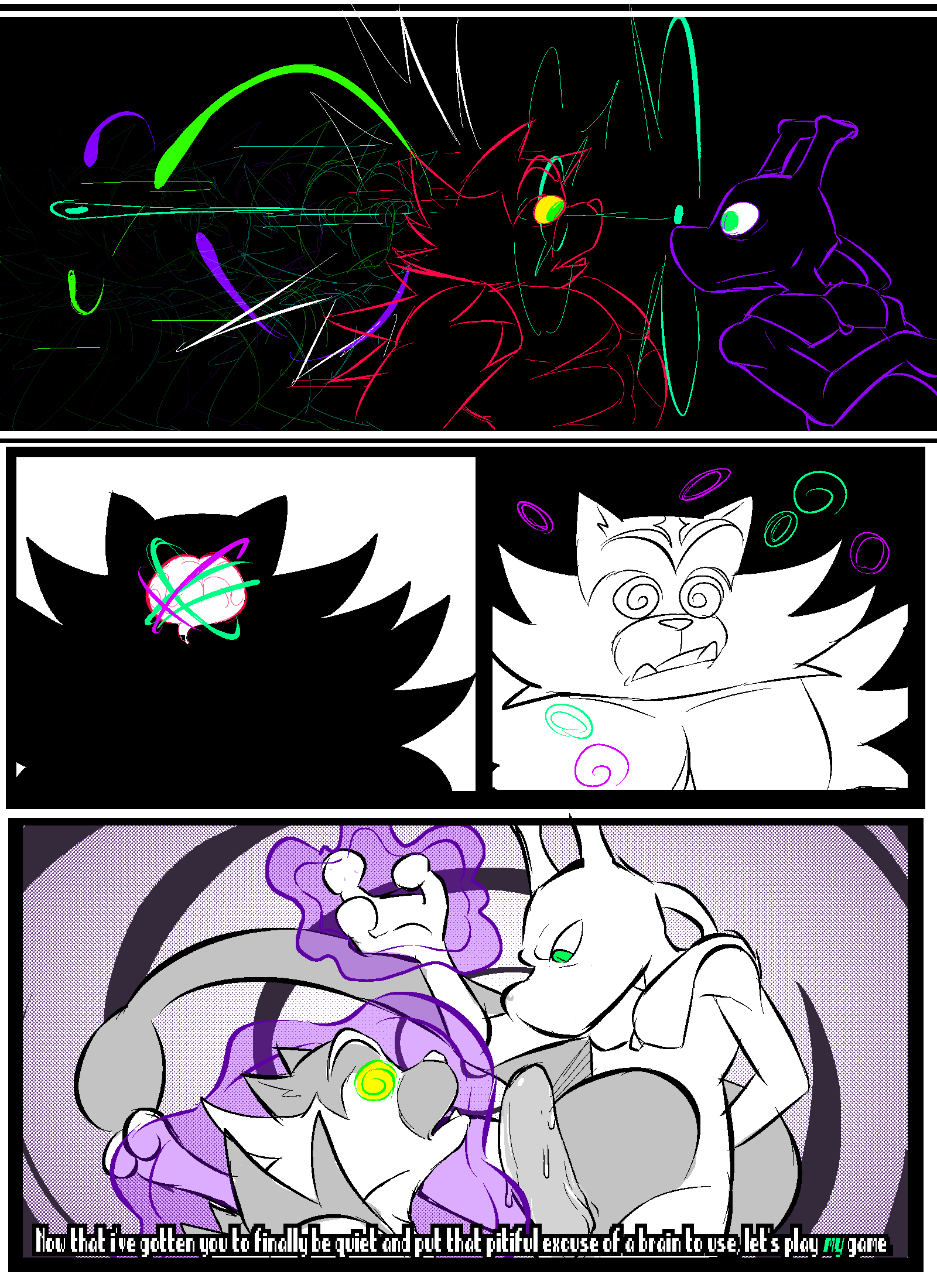 anthro comic domination duo english_text erection felid feline genitals green_eyes hi_res hypnosis imminent_sex incineroar legendary_pok&eacute;mon male male_domination mammal mewtwo mind_control nintendo penis pok&eacute;mon pok&eacute;mon_(species) submissive submissive_male text torquewintress video_games