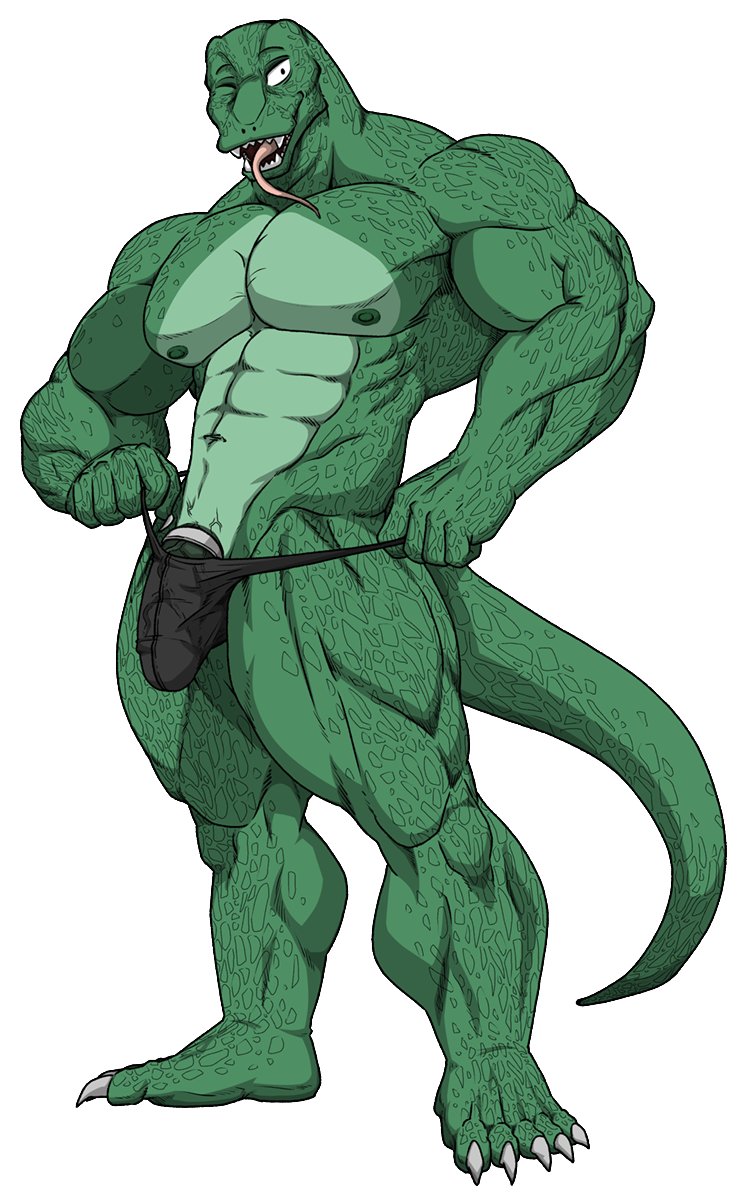 2021 abs accessory anthro barazoku beastars big_muscles bulge claws clothing clothing_pull cock_ring collaboration genital_outline genitals gosha_(beastars) green_body hi_res jewelry komodo_dragon kyuuhari lizard long_tongue looking_at_viewer male monitor_lizard multicolored_body muscular muscular_anthro muscular_male navel nipples one_eye_closed open_mouth open_smile pecs penis penis_accessory penis_jewelry penis_outline quads reptile scalie sharp_teeth simple_background smile solo standing teeth thick_thighs thong thong_pull toe_claws tongue tongue_out two_tone_body underwear underwear_pull white_background wink wolfoxokamichan