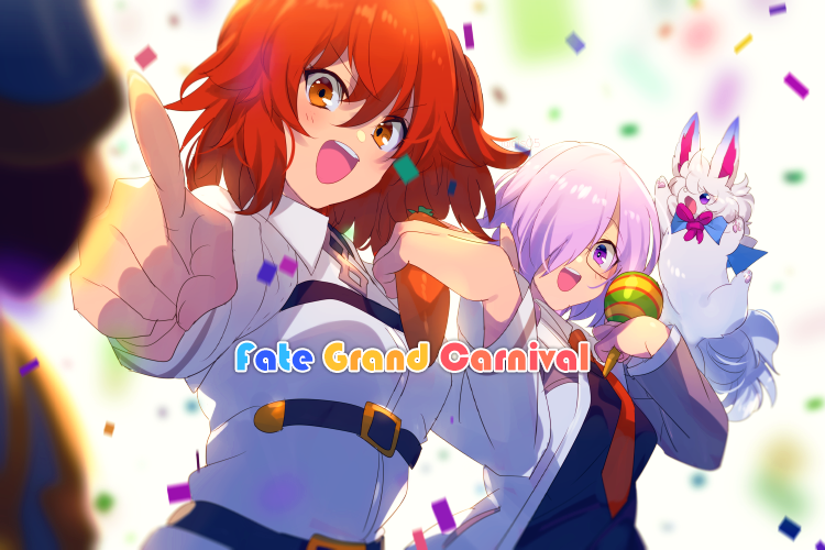 1other 2girls blush breasts buckle carnival_phantasm carrot chaldea_uniform cis05 commentary_request confetti copyright_name creature dancing eyebrows_visible_through_hair fate/grand_order fate_(series) fou_(fate/grand_order) fujimaru_ritsuka_(female) glasses hair_between_eyes hair_over_one_eye holding jacket long_sleeves looking_at_viewer mash_kyrielight medium_breasts multiple_girls necktie open_mouth orange_eyes orange_hair pink_hair pointing pointing_at_viewer purple_eyes red_neckwear short_hair simple_background smile super_affection uniform white_background