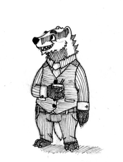 2016 3_toes 4_fingers aged_down anthro badger belt bent_arm beverage black_and_white cheek_tuft chin_tuft classy claws clothing dress_shirt facial_tuft fan_character finger_claws fingerclaws fingers graphite_(artwork) grey_necktie grey_vest holding_beverage holding_object looking_aside male mammal monochrome mustelid musteline necktie pattern_clothing pattern_shirt pattern_topwear pinstripes scruffy sharp_teeth shirt simple_background solo spiff striped_clothing striped_shirt striped_topwear stripes teeth toe_claws toes topwear traditional_media_(artwork) tristan_growlagher_(spiff) tuft white_background