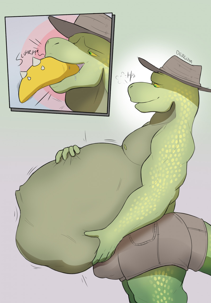 ambiguous_gender anthro balls belly big_belly chubby_male clothing crocodile crocodilian crocodylid dad_bod dergum digestion dragon farmer genitals hat headgear headwear hi_res hyper hyper_belly lizard male male/male muscular nipples open_mouth oral_vore overweight reptile scalie simple_background tongue vore