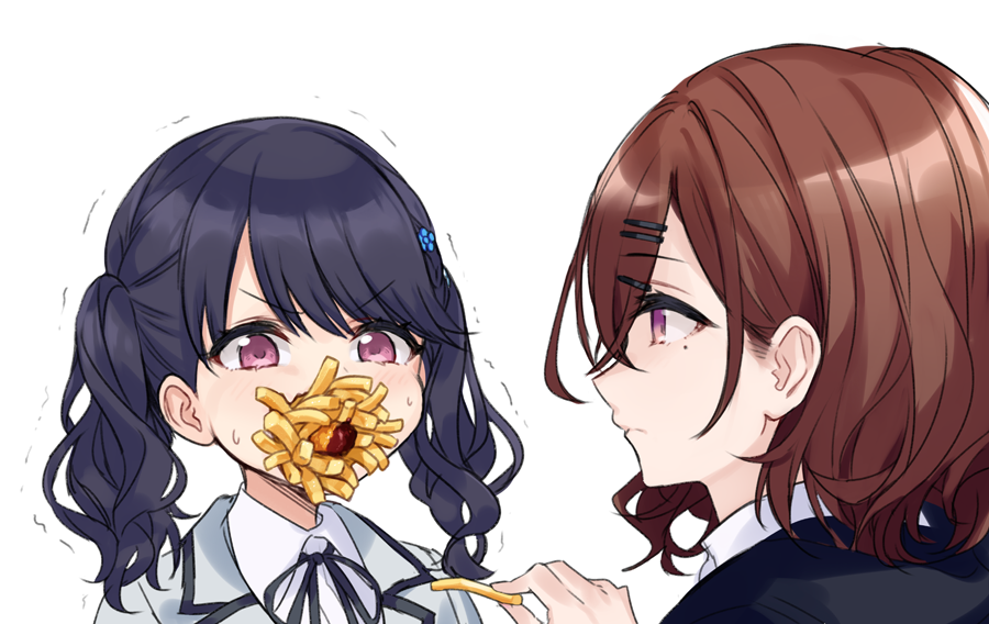 2girls bangs banned_artist black_hair black_jacket black_ribbon blue_flower blush brown_hair closed_mouth collared_shirt dress_shirt eyebrows_visible_through_hair flower food food_in_mouth french_fries fukumaru_koito grey_jacket hair_flower hair_ornament hairclip higuchi_madoka idolmaster idolmaster_shiny_colors jacket long_hair mole mole_under_eye multiple_girls neck_ribbon profile red_eyes ribbon shirt simple_background suisen sweat trembling twintails upper_body v-shaped_eyebrows white_background white_shirt