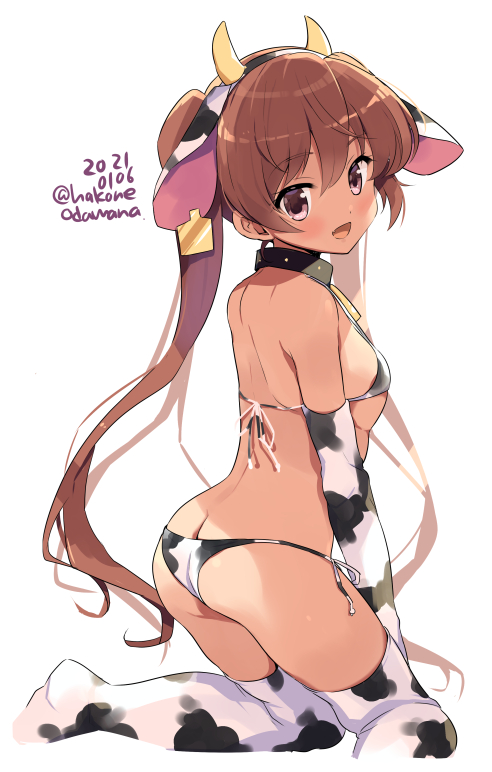 1girl :d ass bikini blush brown_eyes brown_hair cowboy_shot elbow_gloves eyebrows_visible_through_hair gloves hair_between_eyes kantai_collection libeccio_(kantai_collection) long_hair odawara_hakone open_mouth simple_background smile solo swimsuit thighhighs twintails twitter_username white_background white_bikini white_gloves white_legwear