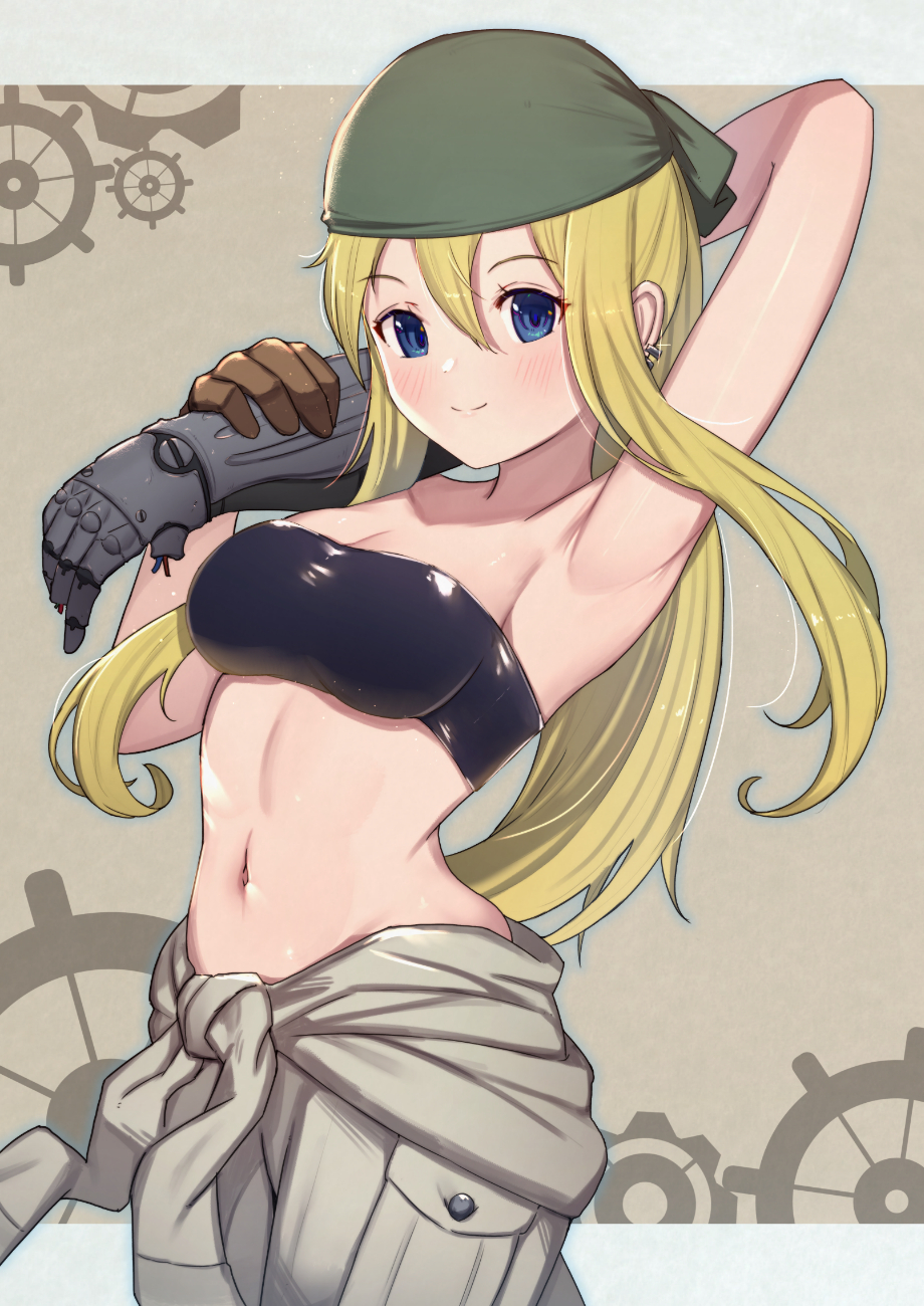 1girl arm_behind_head arm_up automail bandeau blonde_hair blue_eyes blush breasts brown_background cleavage closed_mouth commentary_request crop_top ear_piercing fullmetal_alchemist glint highres jumpsuit jumpsuit_around_waist long_hair mechanical_arm medium_breasts navel piercing ponytail sidelocks smile solo strapless tubetop uneg winry_rockbell