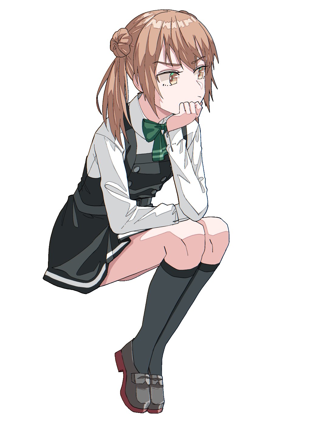 1girl black_legwear double_bun dress hand_on_own_chin highres invisible_chair itouebiko kantai_collection kneehighs light_brown_hair michishio_(kantai_collection) pinafore_dress remodel_(kantai_collection) shirt short_twintails simple_background sitting solo twintails white_background white_shirt