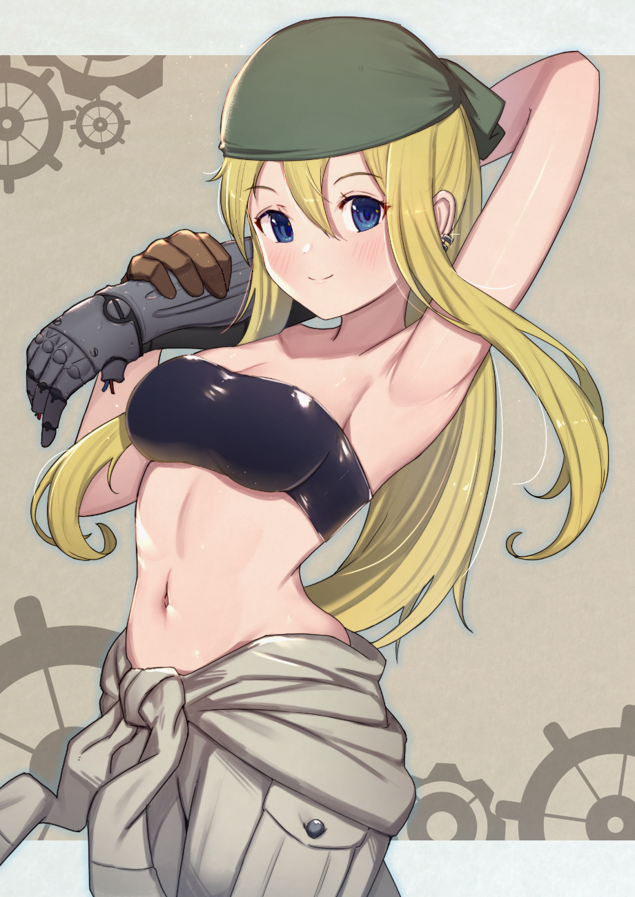 1girl arm_behind_head arm_up automail bandeau blonde_hair blue_eyes blush breasts brown_background cleavage closed_mouth commentary_request crop_top ear_piercing fullmetal_alchemist glint highres jumpsuit jumpsuit_around_waist long_hair mechanical_arm medium_breasts navel piercing ponytail revision sidelocks smile solo strapless tubetop uneg winry_rockbell