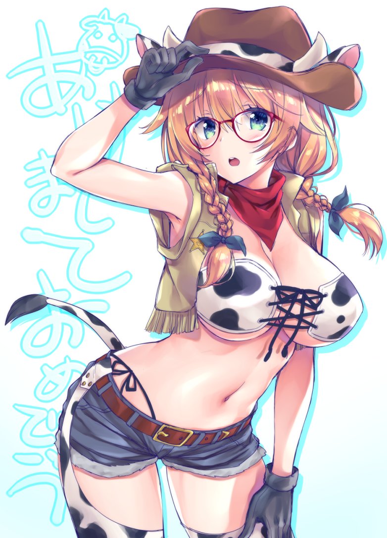 1girl :o animal_ears animal_print arm_up armpits bare_arms bare_shoulders belt black_gloves black_shorts blonde_hair braid breasts brown_hair cleavage contrapposto cow_ears cow_horns cow_print cow_tail cowboy_hat cowboy_shot crop_top cutoffs denim denim_shorts fake_animal_ears frown glasses gloves green_eyes hair_ribbon hand_on_headwear hand_on_own_thigh hat highleg horns large_breasts long_hair looking_at_viewer midriff navel neckerchief open_mouth original red-framed_eyewear ribbon sasorigatame short_shorts shorts side-tie_peek sleeveless solo standing stomach strapless tail thighhighs thighs twin_braids vest western white_legwear