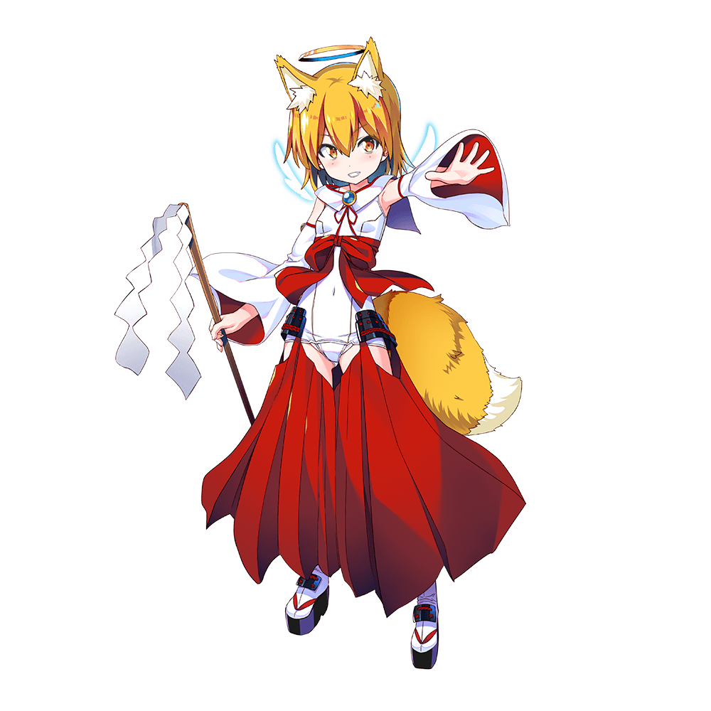 1girl animal_ear_fluff animal_ears bangs blonde_hair covered_navel dennou_tenshi_jibril detached_sleeves detached_wings fox_ears fox_girl fox_tail full_body gohei grin hakama hakama_skirt halo holding japanese_clothes kuuchuu_yousai looking_at_viewer miko official_art outstretched_arm platform_footwear red_hakama short_hair smile solo standing tail transparent_background wings yellow_eyes