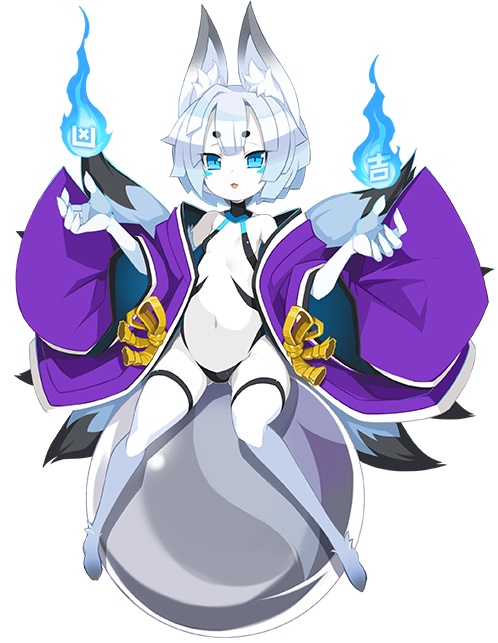 1girl animal_ear_fluff animal_ears blue_eyes blue_fire breasts disgaea disgaea_rpg eyebrows_visible_through_hair fire flat_chest fox_ears fox_tail full_body multiple_tails navel nine-tailed_fox_(disgaea) no_toes off_shoulder official_art on_ball robe short_hair simple_background sitting solo tail thick_eyebrows white_background white_hair