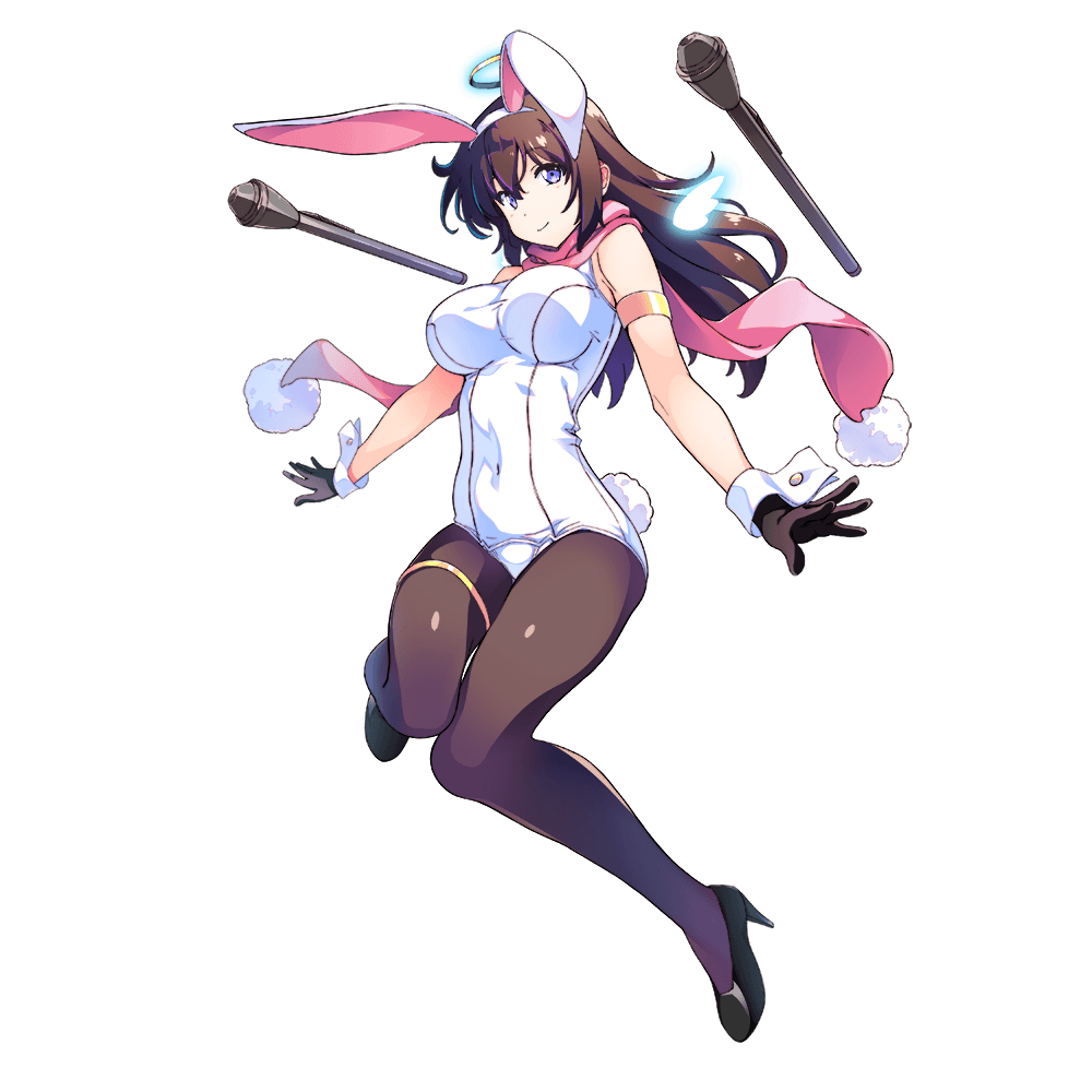 1girl animal_ears arm_strap bangs black_footwear black_gloves black_legwear blue_eyes breasts brown_hair bunny_ears bunny_tail dennou_tenshi_jibril fake_animal_ears fake_tail full_body gloves halo high_heels kuuchuu_yousai large_breasts long_hair official_art one-piece_swimsuit pantyhose pink_neckwear pumps scarf school_swimsuit smile solo swimsuit tail thigh_strap transparent_background white_swimsuit wrist_cuffs