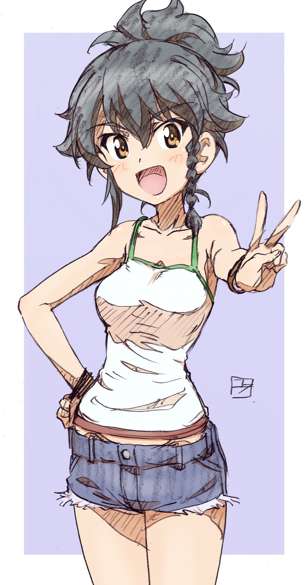 1girl :d artist_name bad_id bad_twitter_id bangs black_hair blue_background blue_shorts bracelet braid brown_hair camisole casual commentary cowboy_shot cutoffs denim denim_shorts erakin eyebrows_visible_through_hair girls_und_panzer hair_up hand_on_hip highres jewelry looking_at_viewer open_mouth outside_border pepperoni_(girls_und_panzer) shirt short_hair short_ponytail short_shorts shorts side_braid signature sketch smile solo standing traditional_media v white_shirt