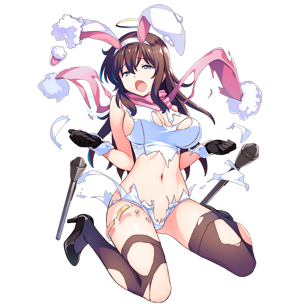 1girl animal_ears black_footwear black_gloves blue_eyes breasts brown_hair brown_legwear bunny_ears dennou_tenshi_jibril eyebrows_visible_through_hair fake_animal_ears full_body gloves halo high_heels kuuchuu_yousai large_breasts long_hair navel official_art open_mouth pink_neckwear pumps scarf school_swimsuit solo swimsuit thighhighs torn_clothes transparent_background white_swimsuit wrist_cuffs