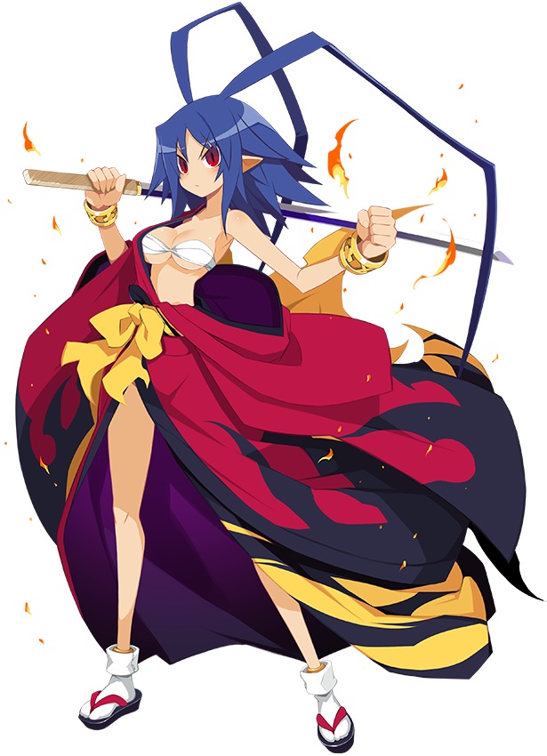 1girl antenna_hair bandeau blue_hair bracelet breasts carrying_over_shoulder clenched_hand disgaea disgaea_rpg fire full_body genderswap genderswap_(mtf) gold_bracelet holding holding_sword holding_weapon jewelry laharl laharl-chan large_breasts long_hair looking_at_viewer off_shoulder official_art pointy_ears red_eyes robe sandals simple_background slit_pupils solo standing sword tabi very_long_hair weapon white_background white_legwear