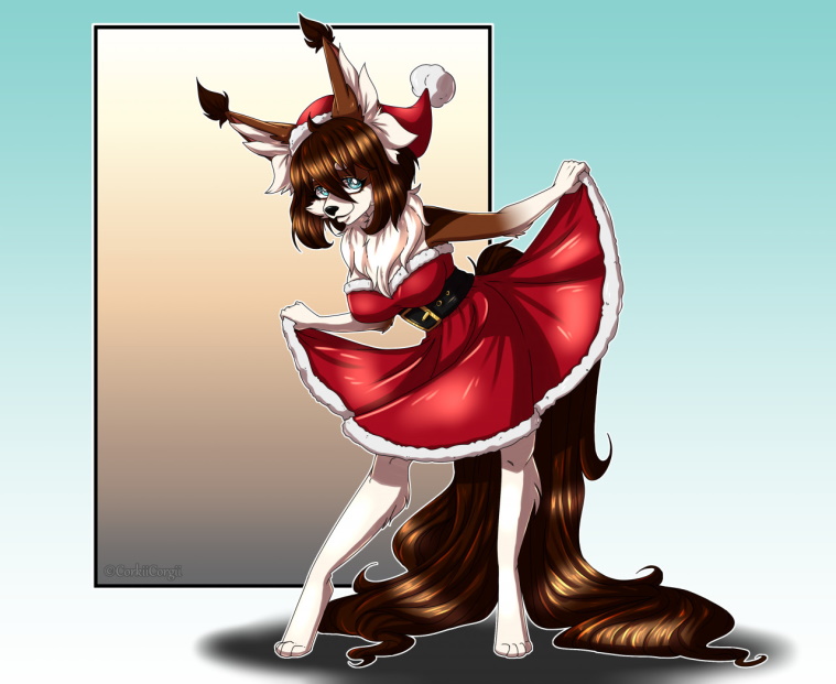 2020 anthro belt blue_eyes brown_body brown_fur brown_hair canid canine canis christmas christmas_clothing clothing corkiicorgii domestic_dog dress female fur hair hat hazelnut_yui(character) hazelnut_yui_(hazelkisses) headgear headwear herding_dog holidays long_tail looking_at_viewer mammal mane pastoral_dog sheepdog shetland_sheepdog short_hair simple_background solo tricolor tufted_ears tufts