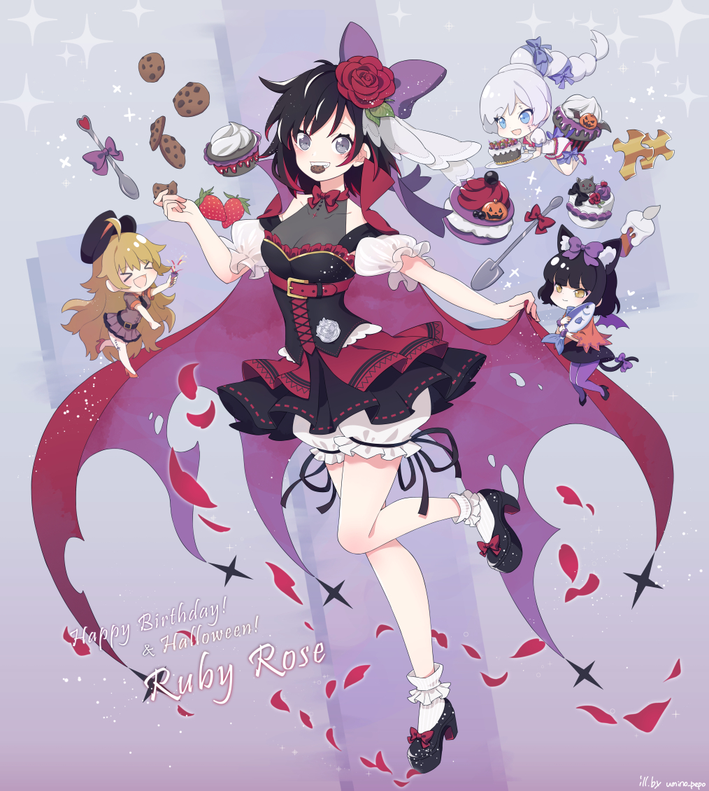 4girls ahoge animal animal_ears belt birthday black_dress black_footwear black_hair blake_belladonna blonde_hair bloomers blue_eyes bow breasts cake candle cape cat_ears cat_tail cleavage closed_eyes collarbone cookie corset cross cupcake dress eating eyebrows_visible_through_hair fish flower food fruit full_body gradient_hair grin hair_bow hair_flower hair_ornament hair_ribbon halloween halloween_costume high_heels holding holding_animal holding_cape holding_fish holding_food holding_tray large_breasts long_hair looking_at_viewer maguro_(guromaguro) multicolored_hair multiple_girls neck_ribbon necktie open_mouth pantyhose petals puffy_short_sleeves puffy_sleeves red_cape red_hair ribbon rose rose_petals ruby_rose rwby scar scar_across_eye short_hair short_sleeves silver_eyes skirt smile spoon strawberry tail tail_ornament tail_ribbon tattered_cape thighhighs thighs tray two-tone_hair underwear weiss_schnee white_hair yang_xiao_long yellow_eyes