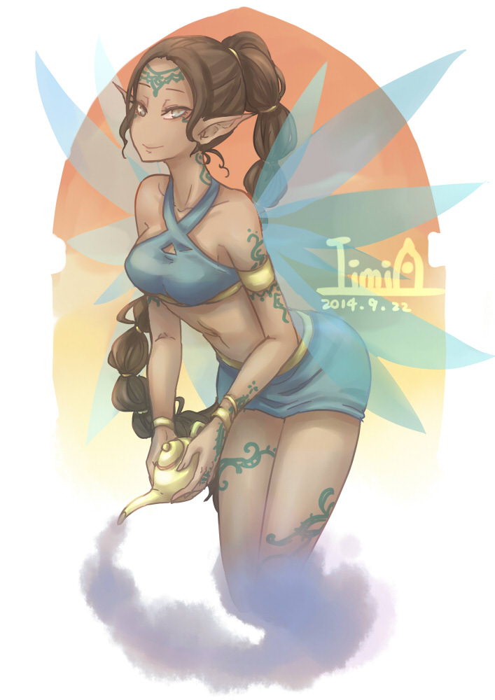 1girl blue_eyes braid breasts closed_mouth collarbone commentary_request dark_skin dark_skinned_female dated faerie_neopet fairy_wings holding iimia leaning_forward legs_together looking_at_viewer neopets oil_lamp personification pointy_ears signature simple_background small_breasts smile smoke solo tattoo white_background wings xweetok