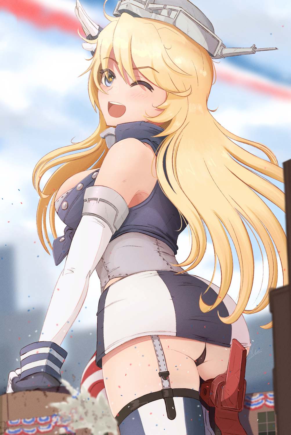 1girl ass bangs black_panties blonde_hair blue_eyes blurry blurry_background blush breasts day elbow_gloves english_commentary eyebrows_visible_through_hair garter_straps giant giantess gloves headgear highres iowa_(kantai_collection) kantai_collection large_breasts leg_up long_hair one_eye_closed open_mouth outdoors panties rudder_footwear skirt sleeveless solo star-shaped_pupils star_(symbol) symbol-shaped_pupils thighhighs underwear yohomeboyraps