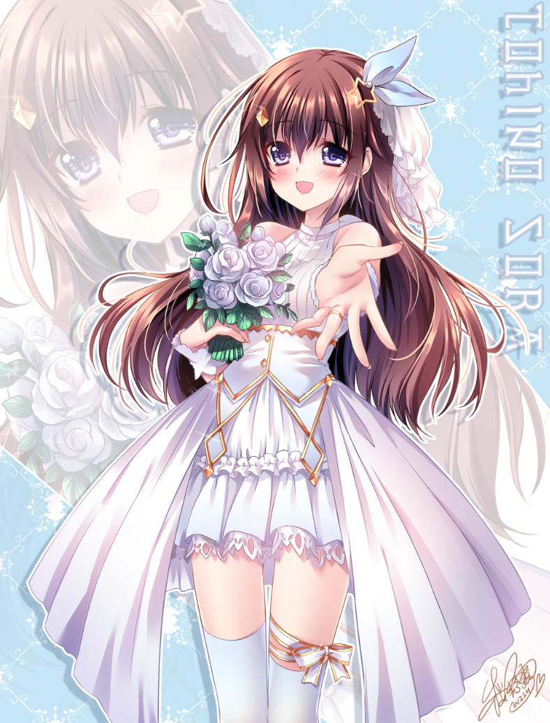1girl alternate_costume bare_arms bare_shoulders blue_background blush bouquet brown_hair character_name diamond_hair_ornament dress eyebrows_visible_through_hair feet_out_of_frame flower foreshortening hair_between_eyes hair_ornament hair_ribbon holding holding_bouquet hololive jewelry layered_skirt long_hair outstretched_hand patterned_background ribbon ring rose sakurano_tsuyu short_dress signature skirt sleeveless sleeveless_dress solo standing star_(symbol) star_hair_ornament thigh_ribbon thighhighs tokino_sora veil very_long_hair virtual_youtuber wedding wedding_band wedding_dress white_flower white_legwear white_rose wrist_cuffs zoom_layer