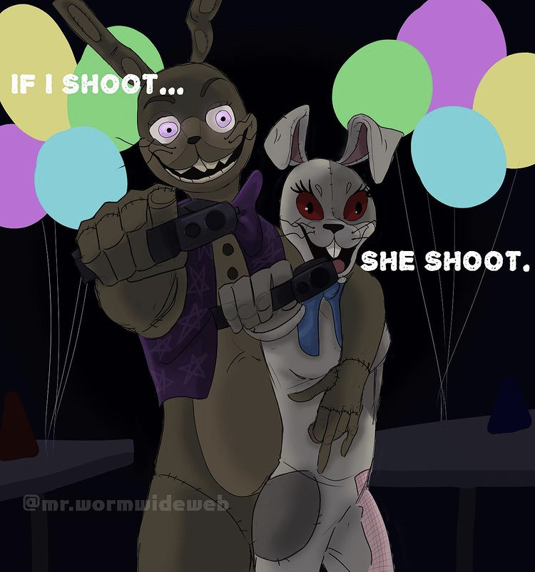 2020 anthro bow_tie breasts button_(fastener) clothing costume dialogue duo english_text female five_nights_at_freddy's fursuit gesture glitchtrap gun holding_breast humor lagomorph leporid long_ears looking_at_viewer male mammal meme mr.wormdwideweb multicolored_body open_mouth open_smile pink_eyes pointing pointing_at_viewer rabbit ranged_weapon red_eyes smile stitch_(disambiguation) talking_to_viewer text topwear vanny_(fnaf) vest video_games watermark weapon whiskers white_body yellow_body