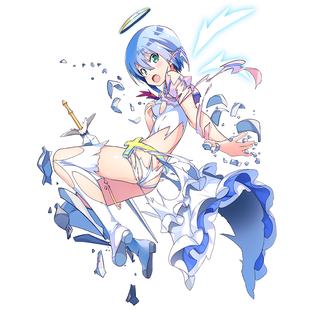 1girl bangs blue_hair boots dennou_tenshi_jibril detached_wings full_body green_eyes halo kuuchuu_yousai official_art open_mouth short_hair solo sword thigh_boots thighhighs torn_clothes transparent_background weapon white_footwear white_wings wings