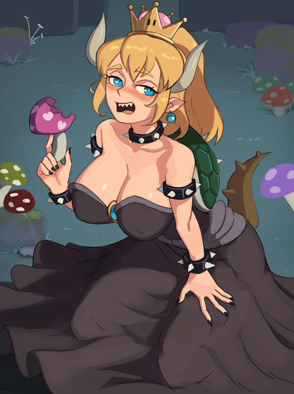 1girl bangs bare_shoulders barleyshake black_collar black_dress black_nails blonde_hair blue_eyes blush bowsette bracelet breasts cleavage collar dress earrings eyebrows_visible_through_hair full_body heart highres horns jewelry large_breasts long_hair mario_(series) mushroom new_super_mario_bros._u_deluxe pointy_ears ponytail rock sharp_teeth sitting solo spiked_armlet spiked_bracelet spiked_collar spiked_shell spiked_tail spikes strapless strapless_dress super_crown tail teeth turtle_shell