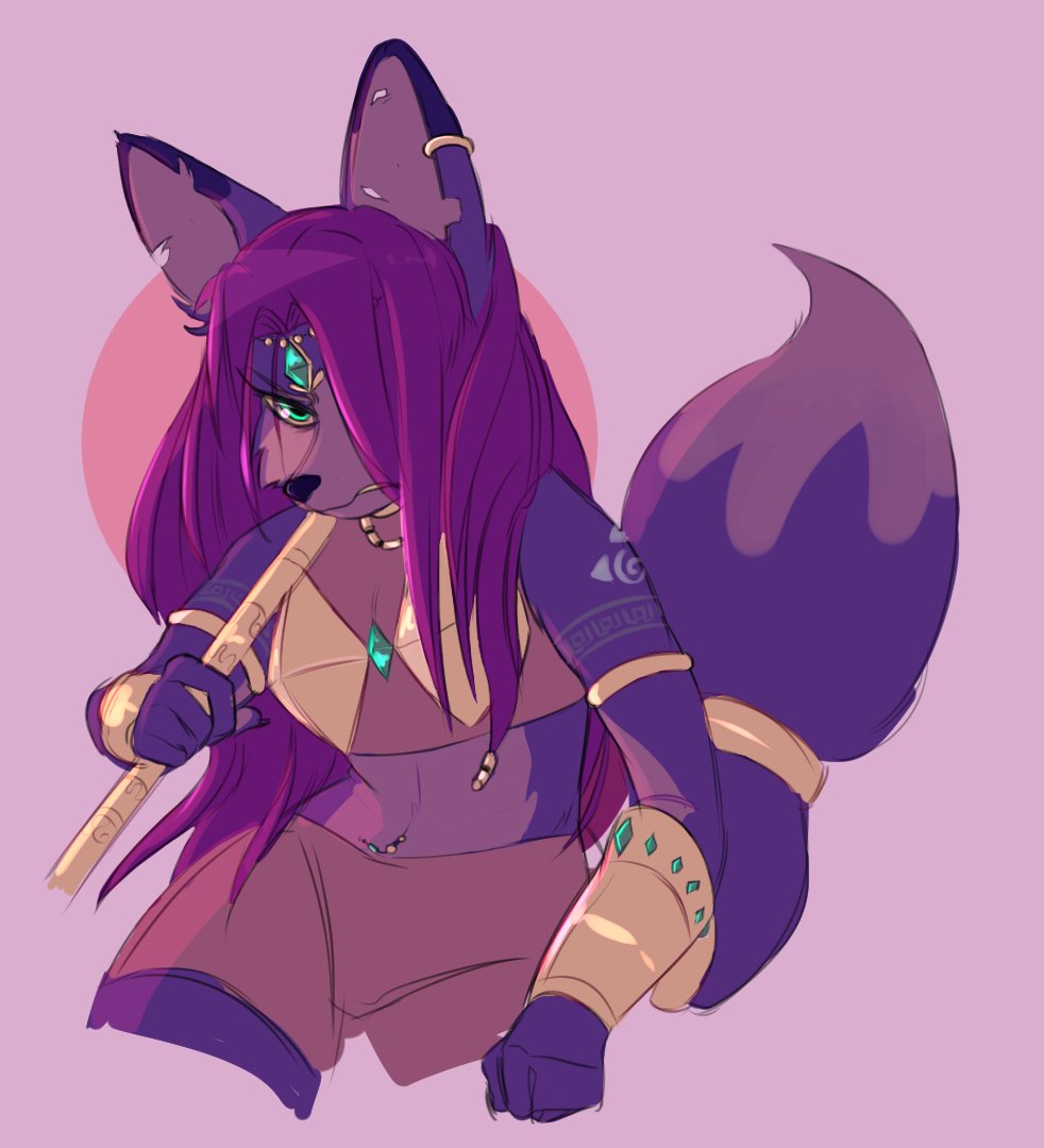 angry annoyed anthro blue_body blue_fur canid canine clothed clothing female fox fur hair jewelry krystal krystal's_staff kursed_(star_fox) lillerev long_bangs long_hair looking_at_viewer mammal nintendo purple_hair regret simple_background solo staff star_fox video_games weapon white_body white_fur
