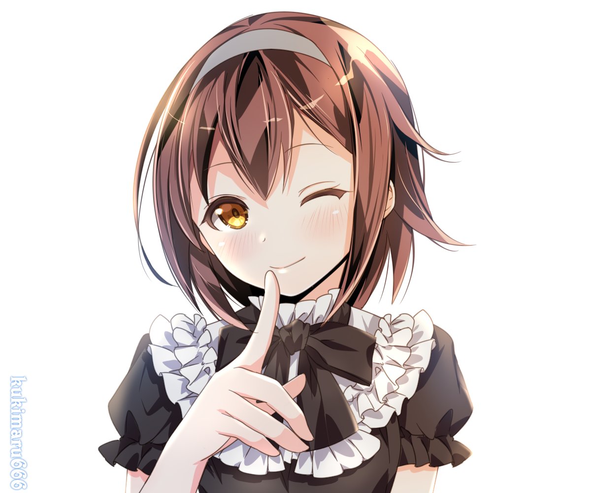 1girl ;) artist_name black_dress brown_hair commentary_request dress frilled_dress frills grey_hairband hairband index_finger_raised kantai_collection kukimaru looking_at_viewer one_eye_closed shiratsuyu_(kantai_collection) short_hair simple_background smile solo upper_body white_background